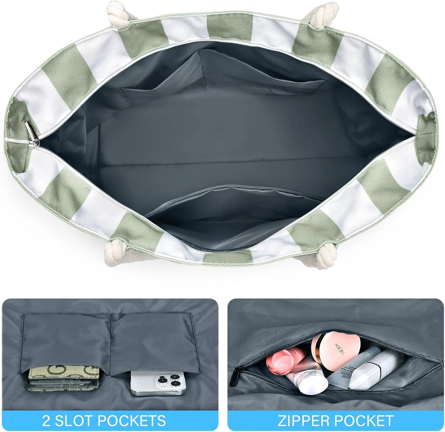 Becokan Beach Bag Large Waterproof Sandproof Canvas Beach Tote Bag with Zipper Swim Pool Bag Travel Essentials