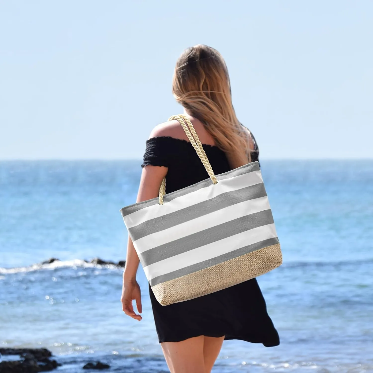 Becokan Beach Bags for Women Large Canvas Beach Tote Bag Beach Bags Waterproof Sandproof Swim Pool Bag Travel Essentials