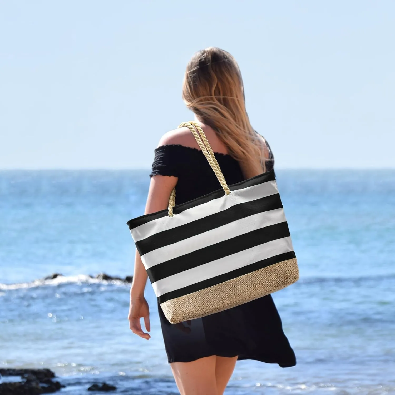 Becokan Beach Bags for Women Large Canvas Beach Tote Bag Beach Bags Waterproof Sandproof Swim Pool Bag Travel Essentials