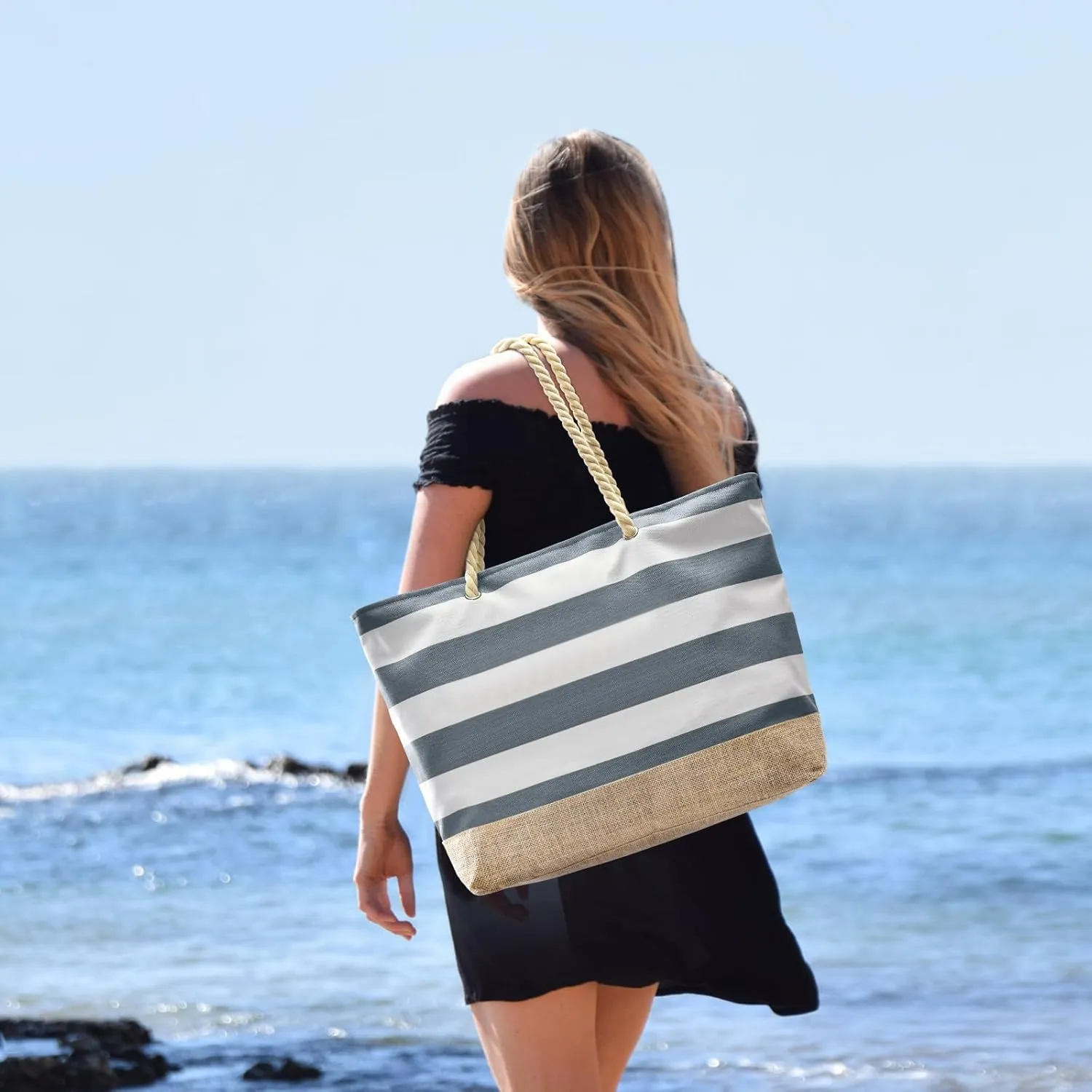 Becokan Beach Bags for Women Large Canvas Beach Tote Bag Beach Bags Waterproof Sandproof Swim Pool Bag Travel Essentials
