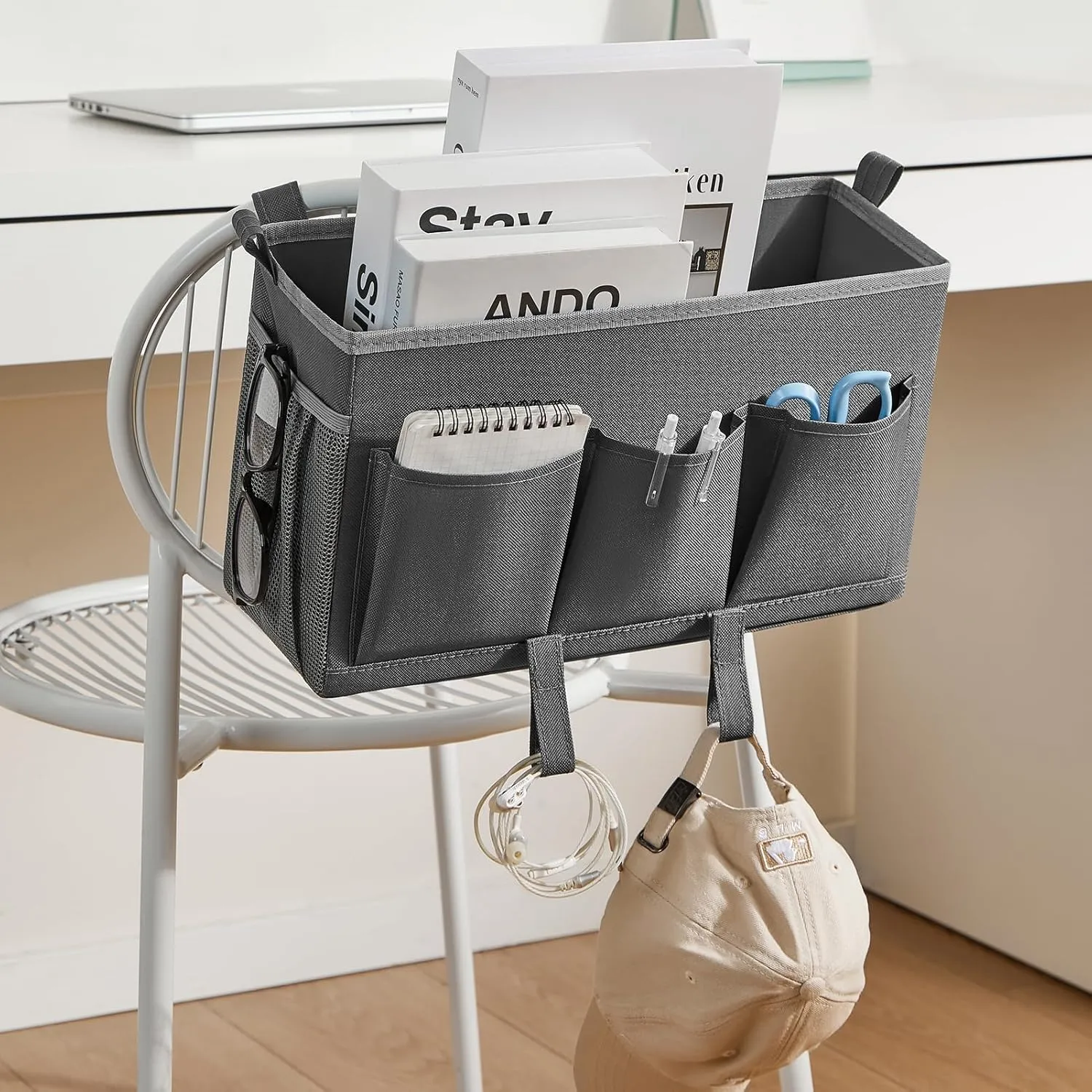 Bedside Organizer Caddy, Bed Organizer with 3 Pockets and Mesh Side Pocket, Great for College Dorms and Hospital Beds, Gray, 2 Pack