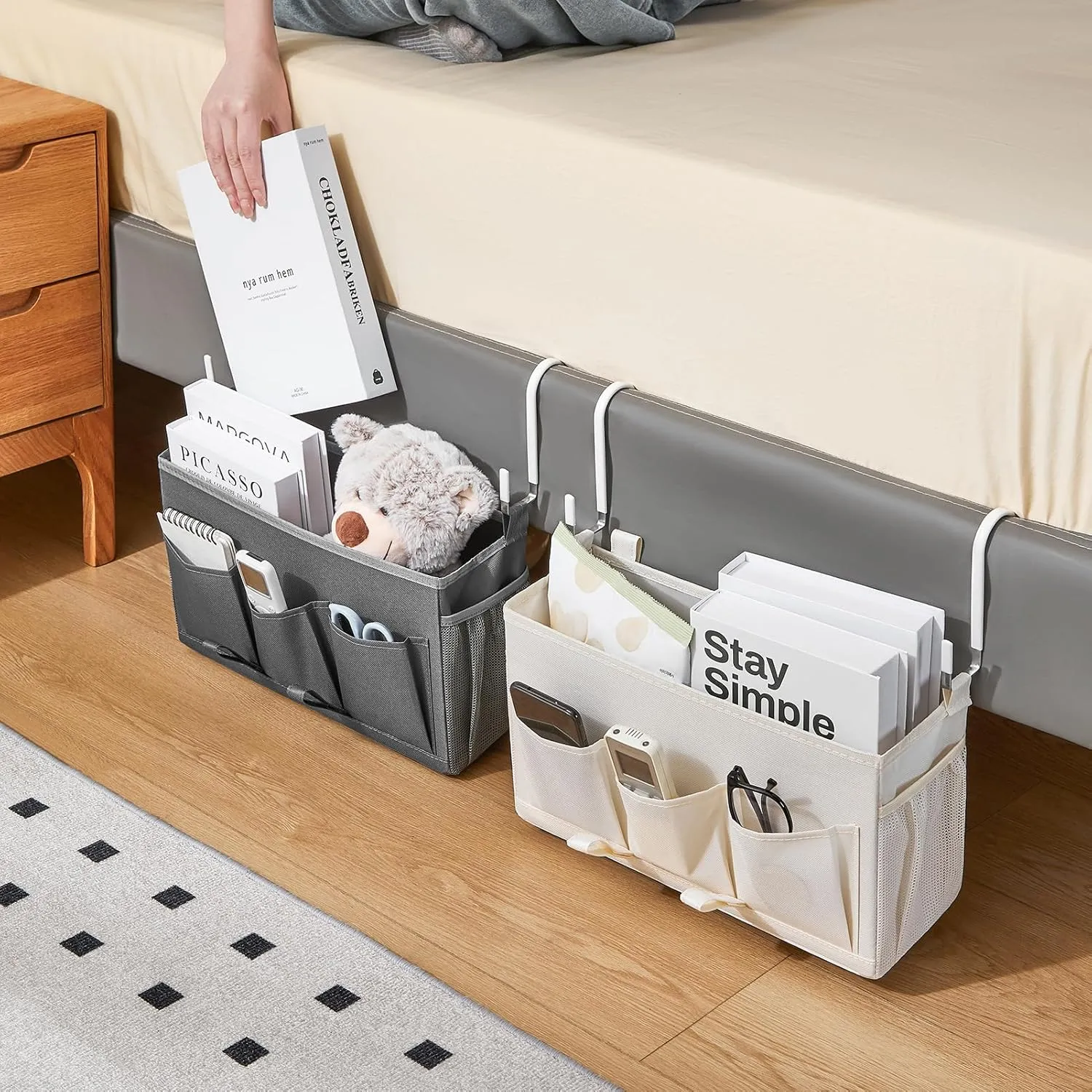 Bedside Organizer Caddy, Bed Organizer with 3 Pockets and Mesh Side Pocket, Great for College Dorms and Hospital Beds, Gray, 2 Pack