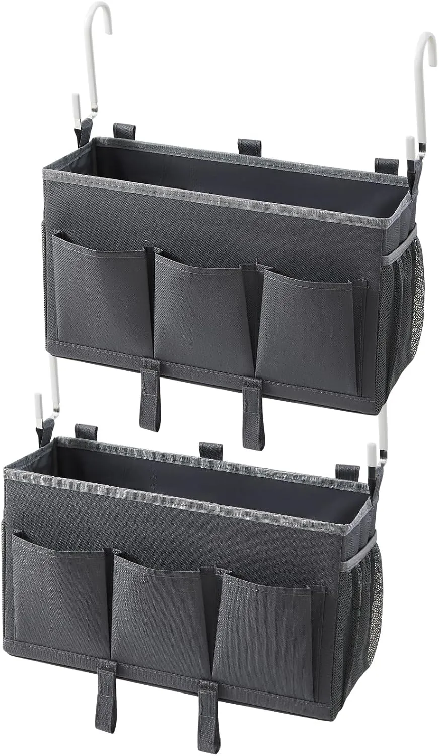 Bedside Organizer Caddy, Bed Organizer with 3 Pockets and Mesh Side Pocket, Great for College Dorms and Hospital Beds, Gray, 2 Pack