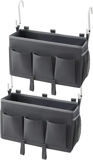 Bedside Organizer Caddy, Bed Organizer with 3 Pockets and Mesh Side Pocket, Great for College Dorms and Hospital Beds, Gray, 2 Pack