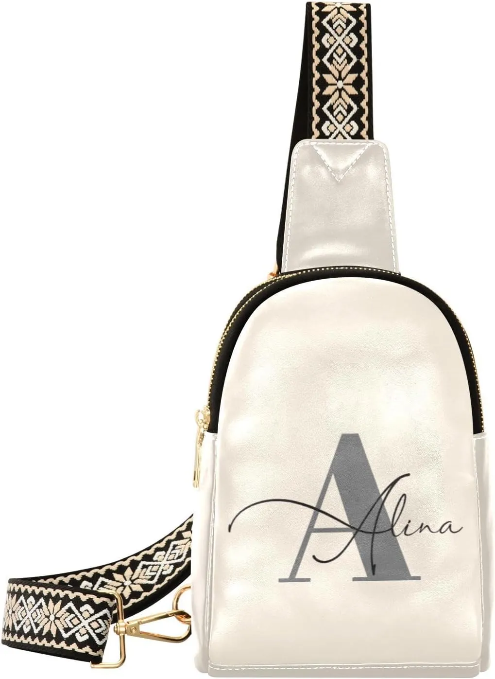 Beige Custom Crossbody Sling Bag for Women Men Personalized Leather Chest Bags Purse Adjustable Cross Body Daypack for Running Hiking Cycling