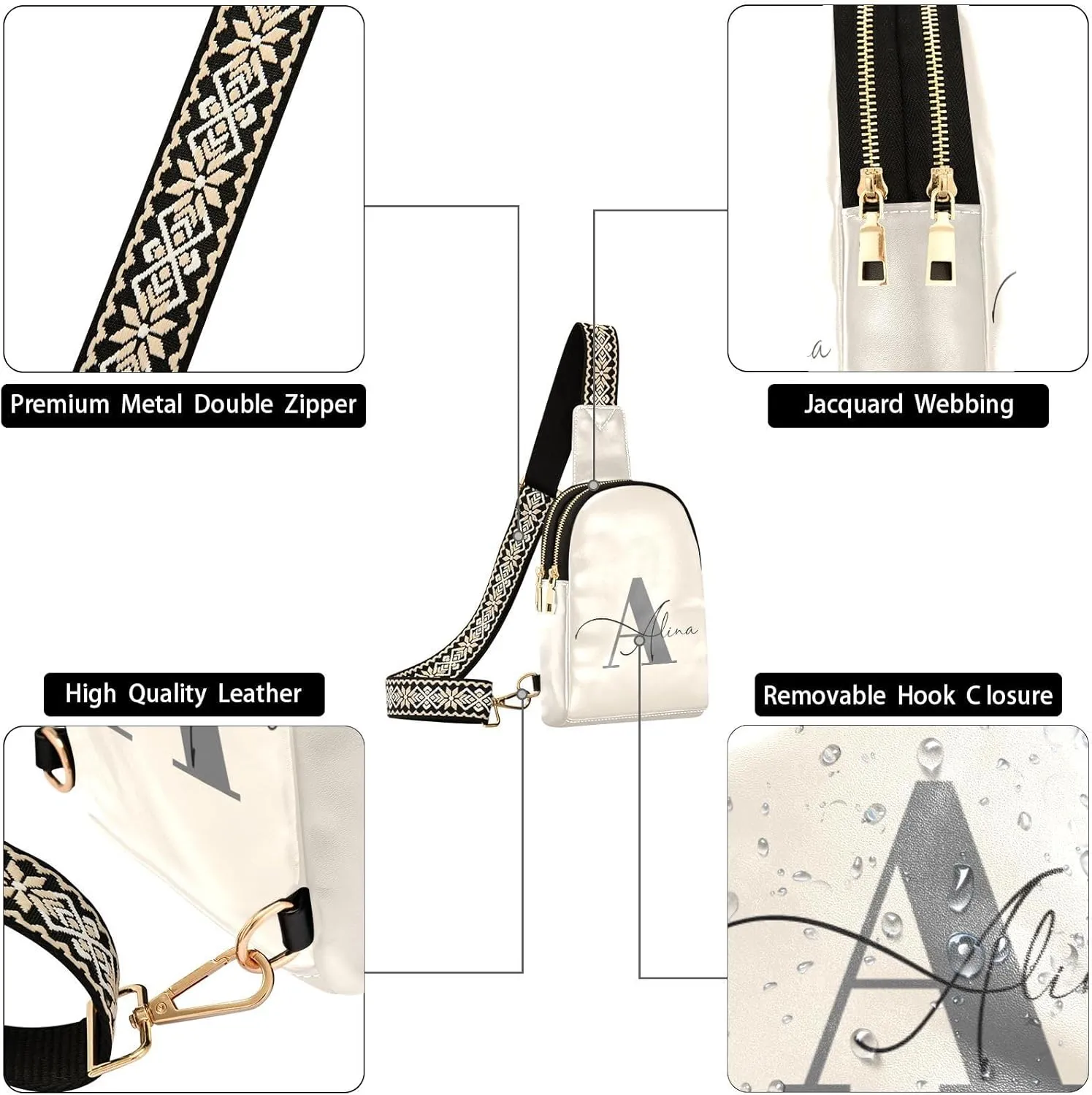 Beige Custom Crossbody Sling Bag for Women Men Personalized Leather Chest Bags Purse Adjustable Cross Body Daypack for Running Hiking Cycling