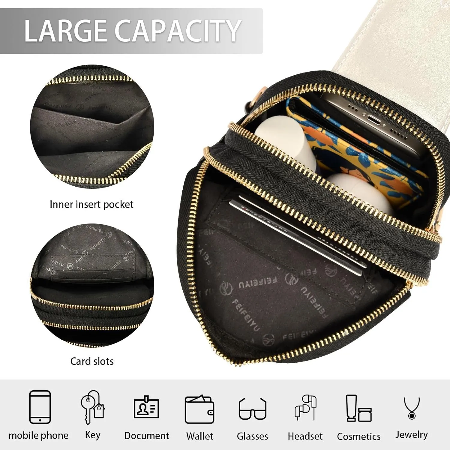 Beige Custom Crossbody Sling Bag for Women Men Personalized Leather Chest Bags Purse Adjustable Cross Body Daypack for Running Hiking Cycling