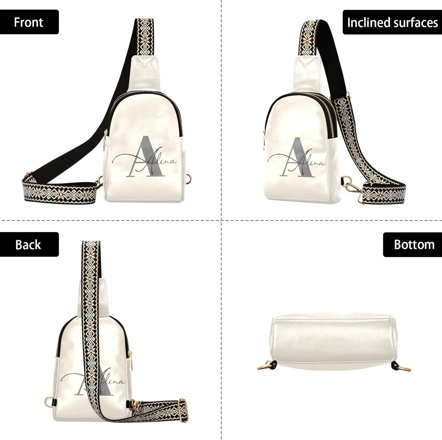 Beige Custom Crossbody Sling Bag for Women Men Personalized Leather Chest Bags Purse Adjustable Cross Body Daypack for Running Hiking Cycling