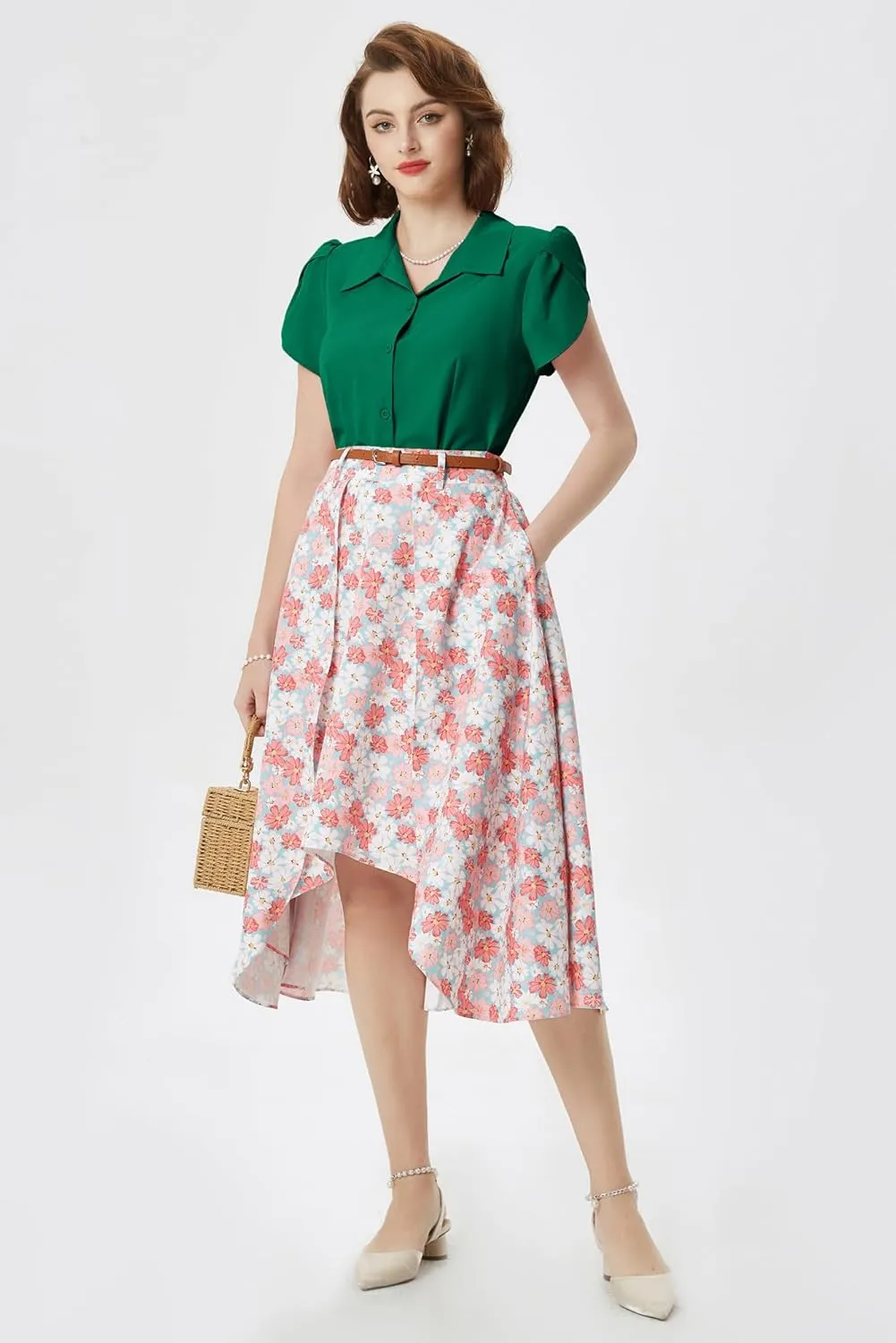 Belle Poque Summer Short Sleeve Button Down Blouse for Women V Neck Vintage Business Casual Shirts Tops