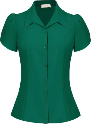 Belle Poque Summer Short Sleeve Button Down Blouse for Women V Neck Vintage Business Casual Shirts Tops