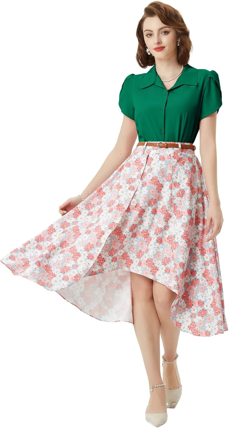 Belle Poque Summer Short Sleeve Button Down Blouse for Women V Neck Vintage Business Casual Shirts Tops