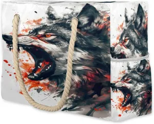 Bellowing Fiercely Wolf Beach Bags Waterproof Sandproof for Women, Large with Zipper Pool Beach Tote Reusable Grocery Shoulder Bag for Swim Travel Shopping Vacation Picnic