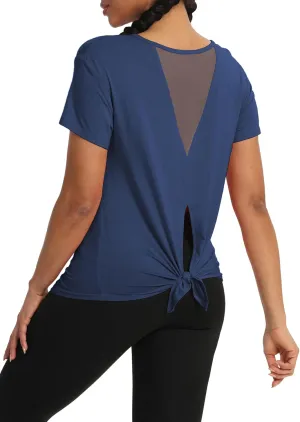Bestisun Women Short Sleeve Workout Athletic Shirts Tie Back Sports Gym Tops Mesh Yoga Clothes