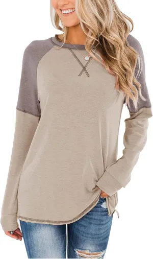 Bingerlily Women's Casual Long Sleeve Tunic Tops Crew Neck Color Block Blouse
