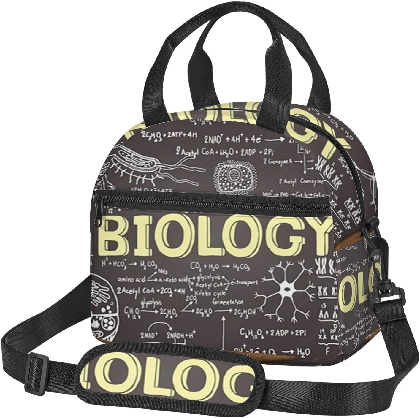 Biology Handwritten,Insulated Reusable Lunch Bag with Adjustable Shoulder Strap for Adults,Black Chalkboard Biology Handwritten,Office Picnic Hiking Beach Tote Bag,Brown Black,9x5x7.8in