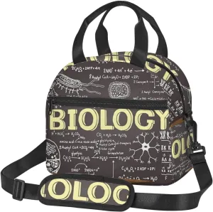 Biology Handwritten,Insulated Reusable Lunch Bag with Adjustable Shoulder Strap for Adults,Black Chalkboard Biology Handwritten,Office Picnic Hiking Beach Tote Bag,Brown Black,9x5x7.8in