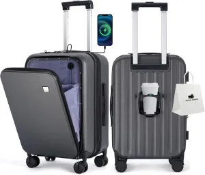 BISON DENIM 20 Inch Carry On Luggage, PC Lightweight Hardside Expandable Carry-On Luggage Airline Approved With Spinner Wheels, Front Compartment, Cup Holde, TSA-approved Lock, USB Port, Dark Grey