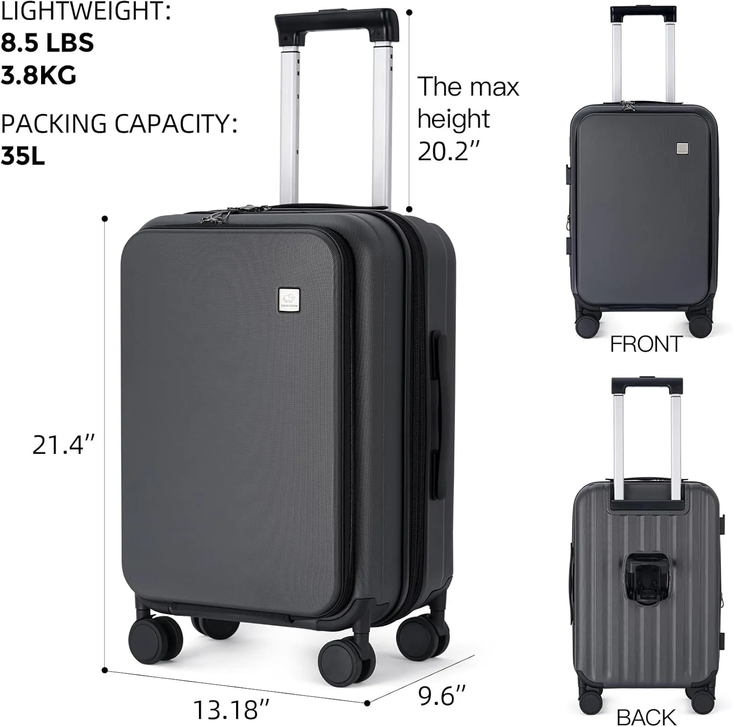 BISON DENIM 20 Inch Carry On Luggage, PC Lightweight Hardside Expandable Carry-On Luggage Airline Approved With Spinner Wheels, Front Compartment, Cup Holde, TSA-approved Lock, USB Port, Dark Grey