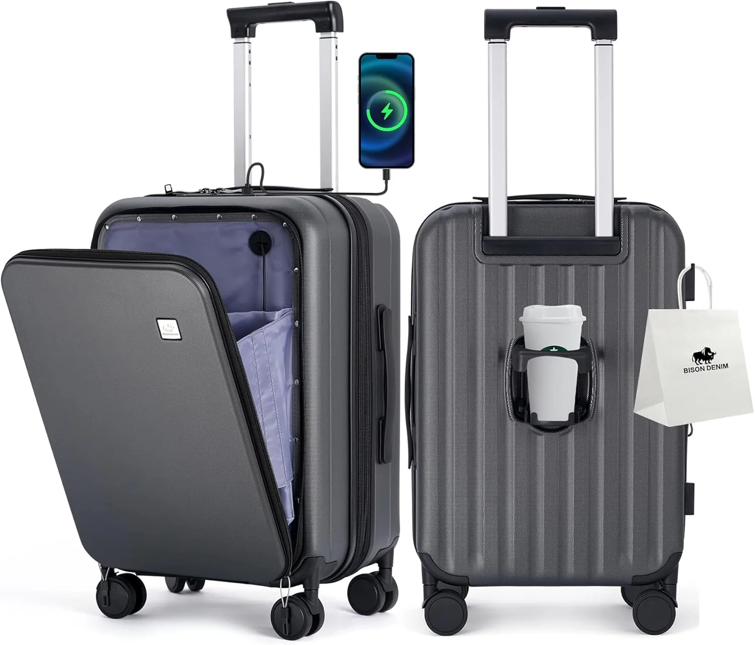 BISON DENIM 20 Inch Carry On Luggage, PC Lightweight Hardside Expandable Carry-On Luggage Airline Approved With Spinner Wheels, Front Compartment, Cup Holde, TSA-approved Lock, USB Port, Dark Grey