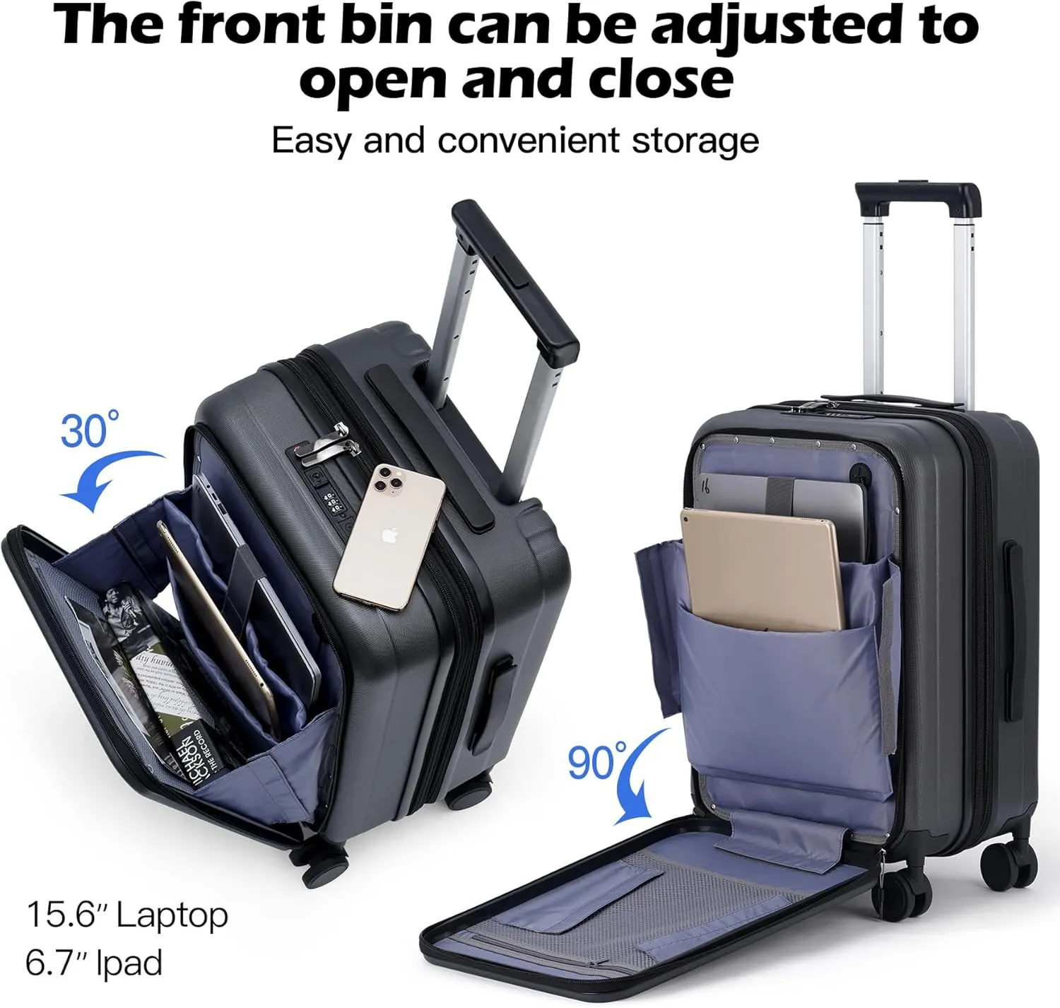 BISON DENIM 20 Inch Carry On Luggage, PC Lightweight Hardside Expandable Carry-On Luggage Airline Approved With Spinner Wheels, Front Compartment, Cup Holde, TSA-approved Lock, USB Port, Dark Grey