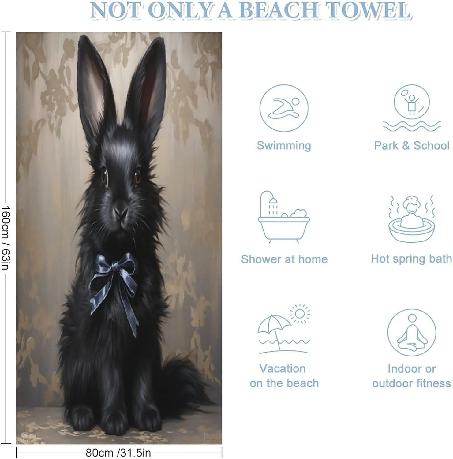 Black Bunny Beach Towels Quick-Dry & Super Absorbent Microfiber Sand Free Black Bunny Beach Blanket Adult Travel Essentials Cruise Accessories Vacation 30x63 Inch