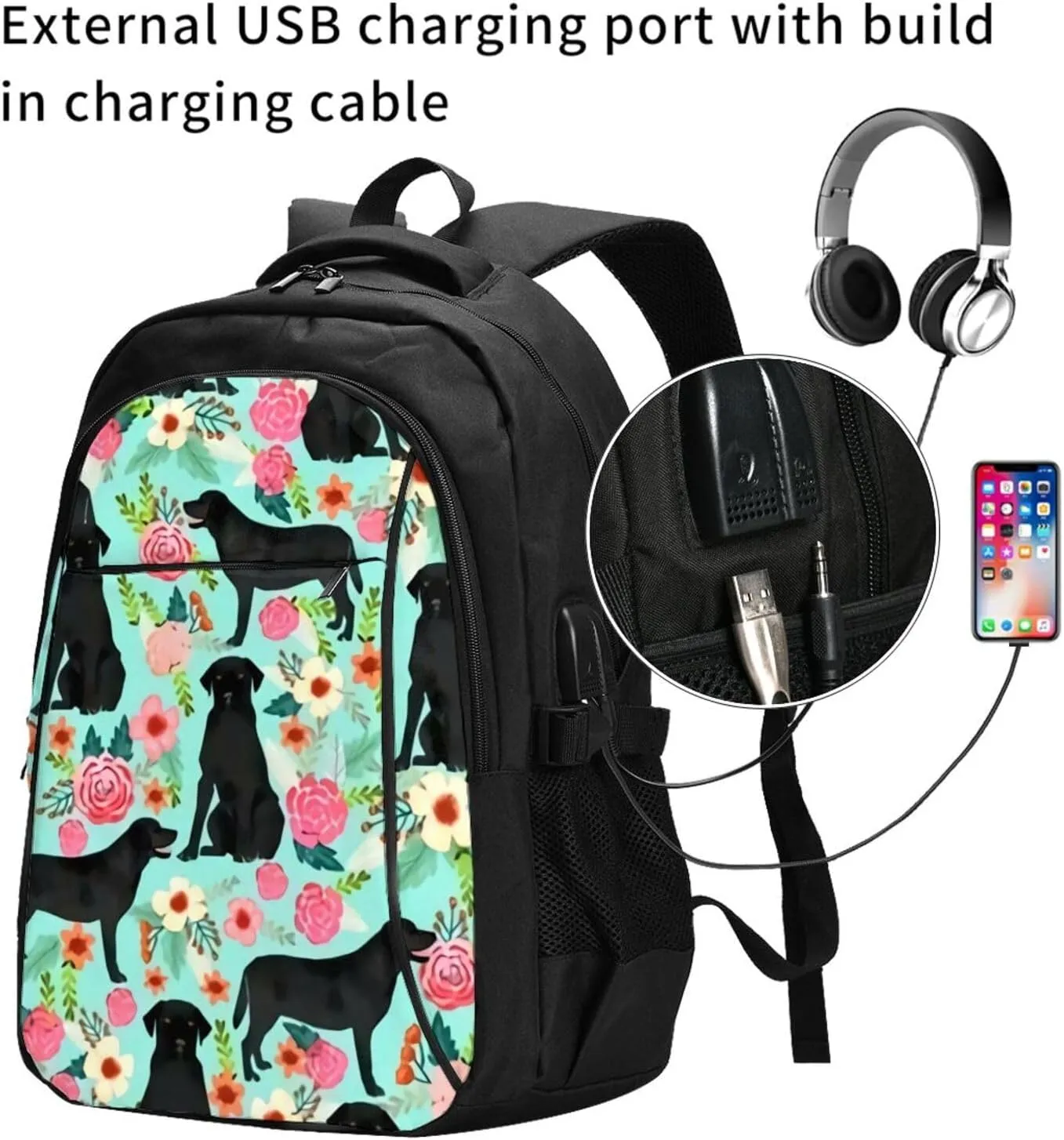 Black Lab Florals Labrador Retriever Floral Backpack, 18 Inch Travel Business Laptop Backpack With Usb Port For Women Men