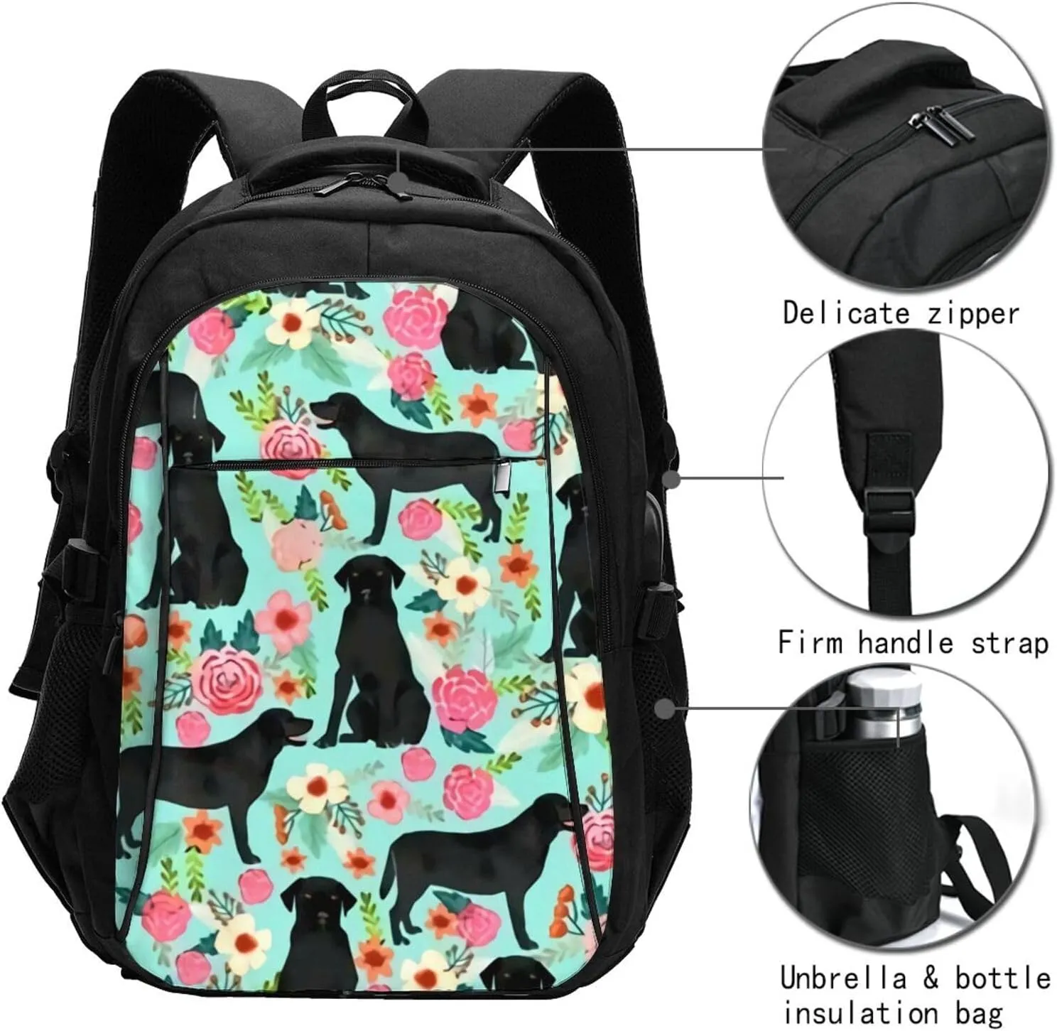 Black Lab Florals Labrador Retriever Floral Backpack, 18 Inch Travel Business Laptop Backpack With Usb Port For Women Men