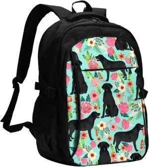 Black Lab Florals Labrador Retriever Floral Backpack, 18 Inch Travel Business Laptop Backpack With Usb Port For Women Men
