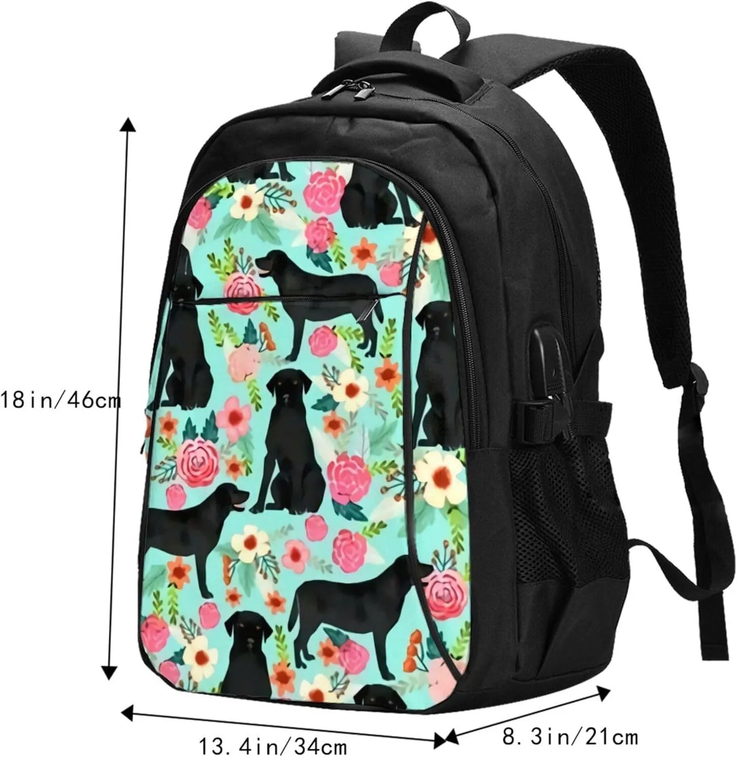 Black Lab Florals Labrador Retriever Floral Backpack, 18 Inch Travel Business Laptop Backpack With Usb Port For Women Men