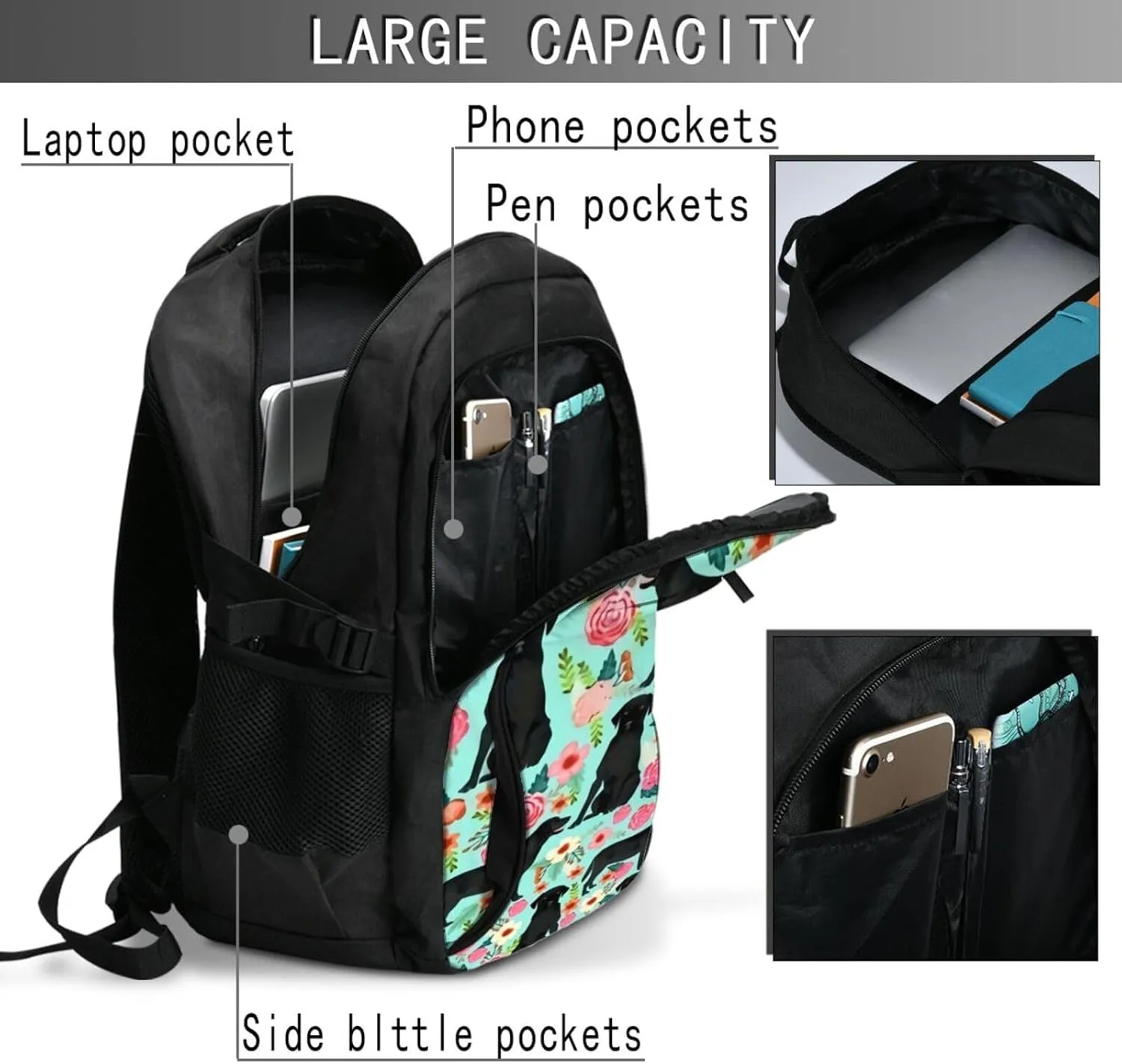 Black Lab Florals Labrador Retriever Floral Backpack, 18 Inch Travel Business Laptop Backpack With Usb Port For Women Men