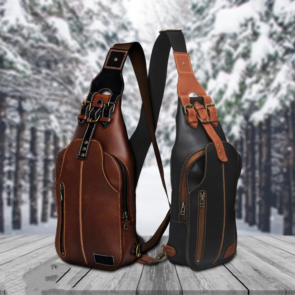 Black Leather Mens Sling Bag With Adjustable Strap