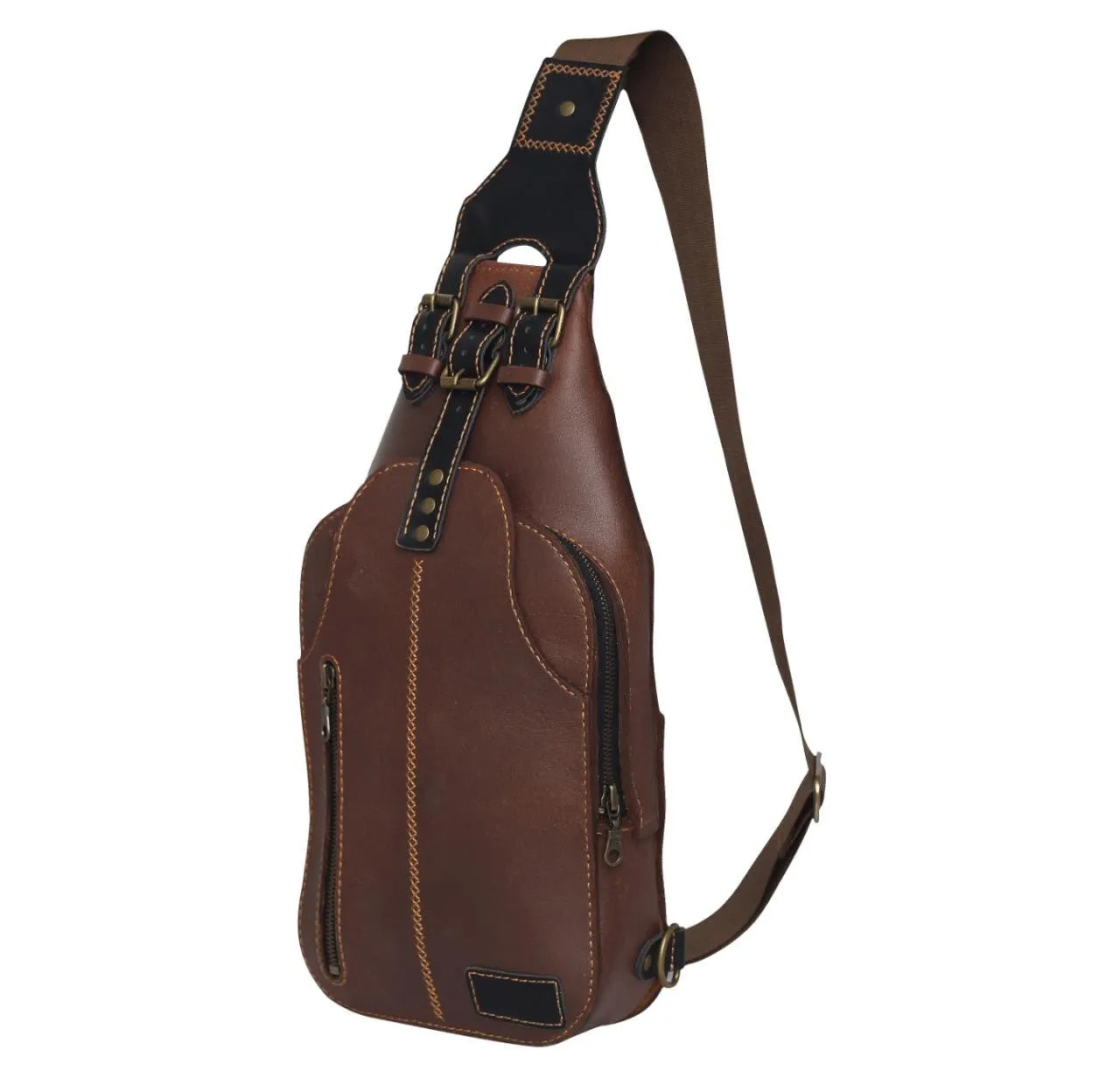 Black Leather Mens Sling Bag With Adjustable Strap