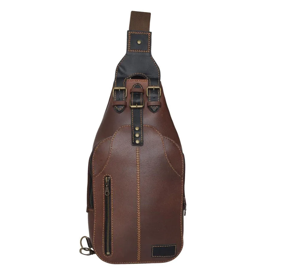 Black Leather Mens Sling Bag With Adjustable Strap