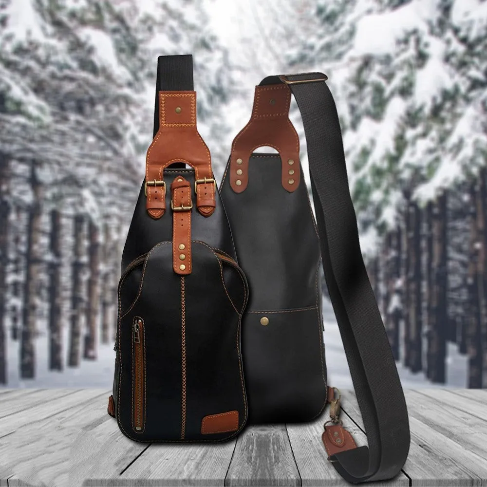 Black Leather Mens Sling Bag With Adjustable Strap