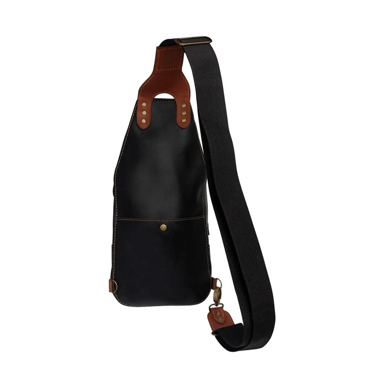 Black Leather Mens Sling Bag With Adjustable Strap