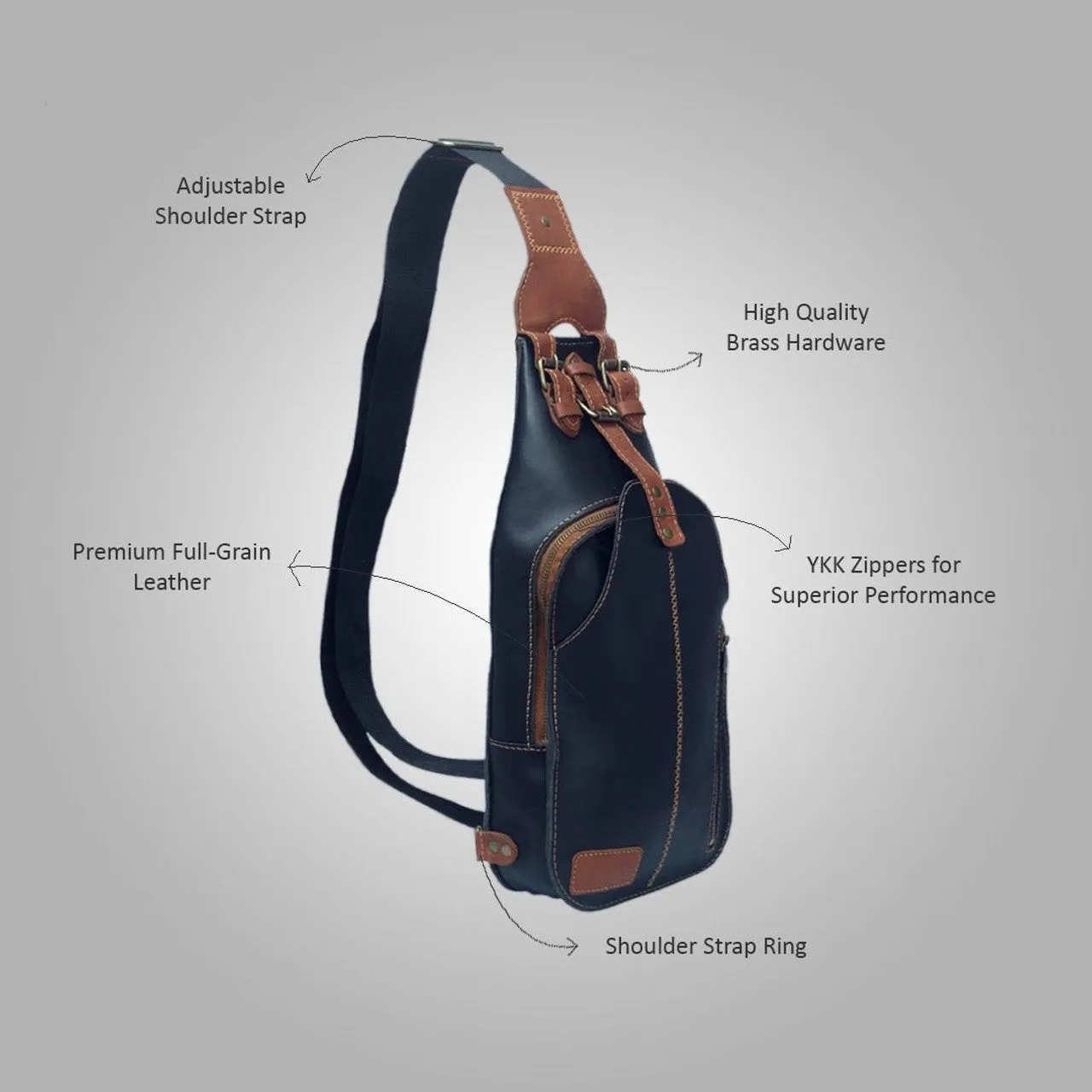 Black Leather Mens Sling Bag With Adjustable Strap