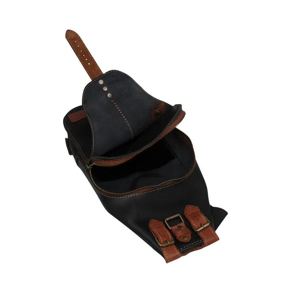 Black Leather Mens Sling Bag With Adjustable Strap