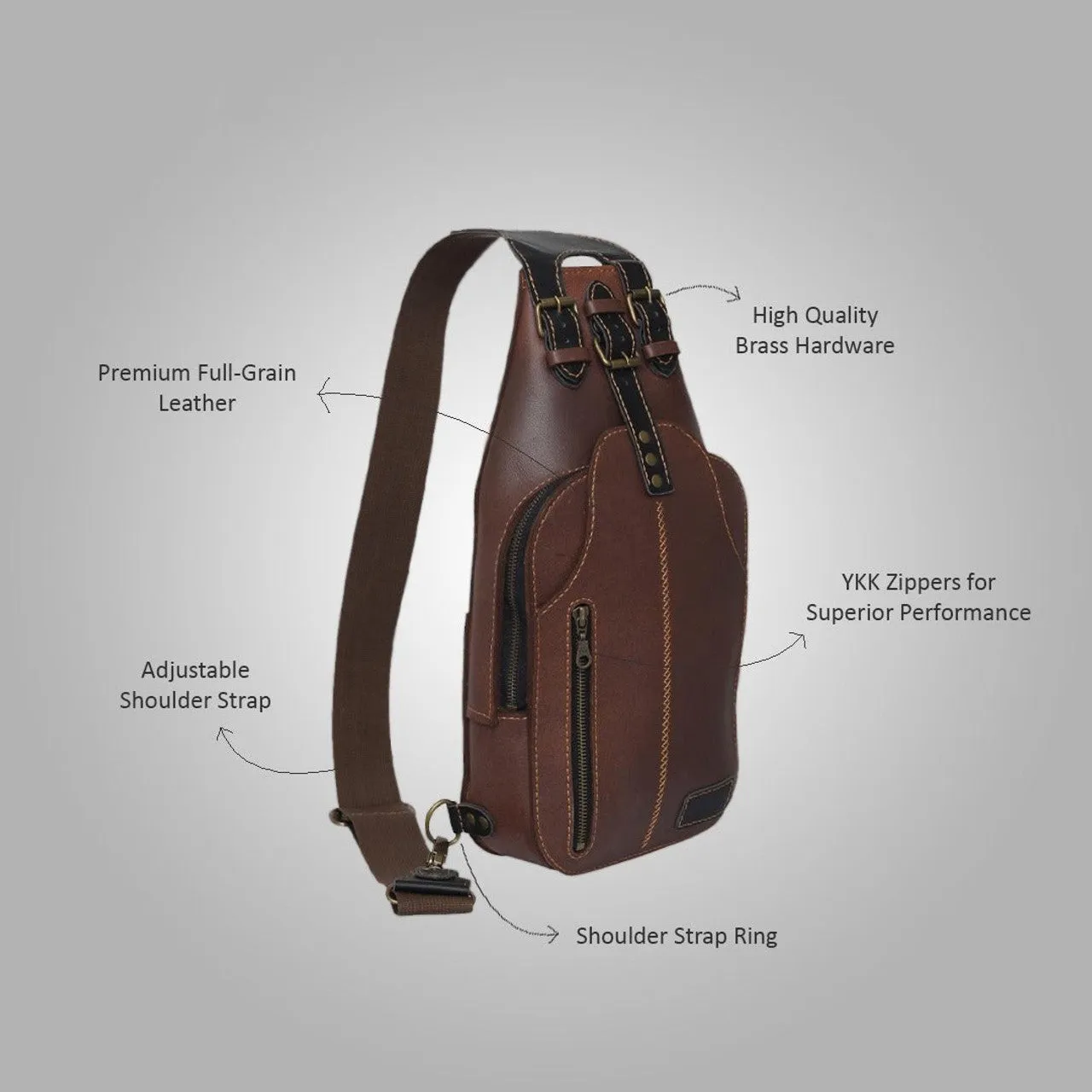 Black Leather Mens Sling Bag With Adjustable Strap