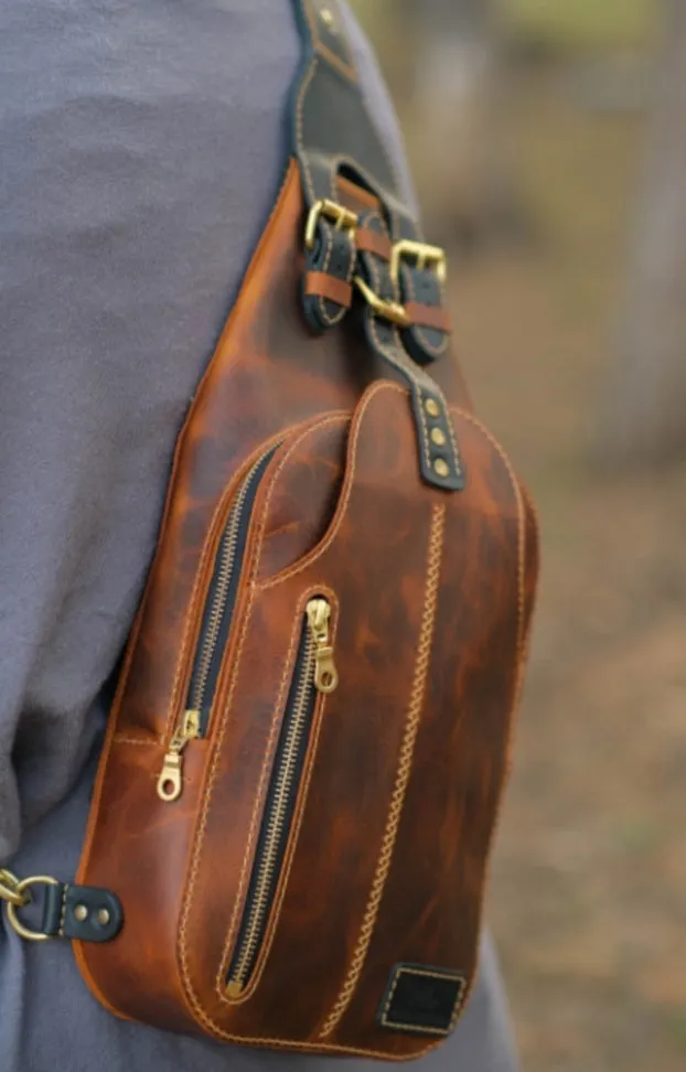 Black Leather Mens Sling Bag With Adjustable Strap