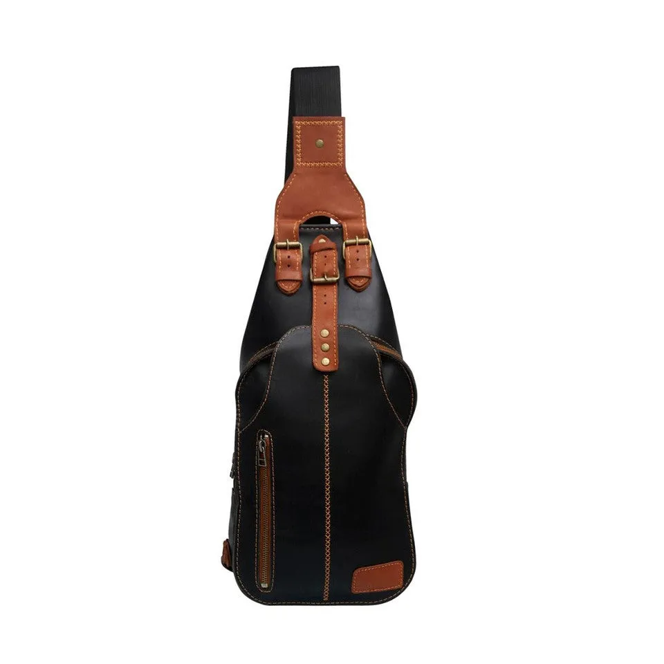 Black Leather Mens Sling Bag With Adjustable Strap