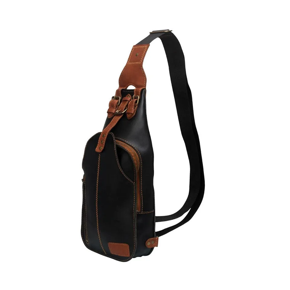 Black Leather Mens Sling Bag With Adjustable Strap