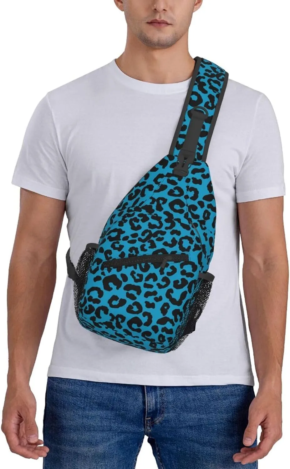 Blue And Black Cheetah Aesthetic Chest Sling Bag Crossbody Shoulder Backpack Bag Gym Cycling Daypack Travel Hiking Cross Bag