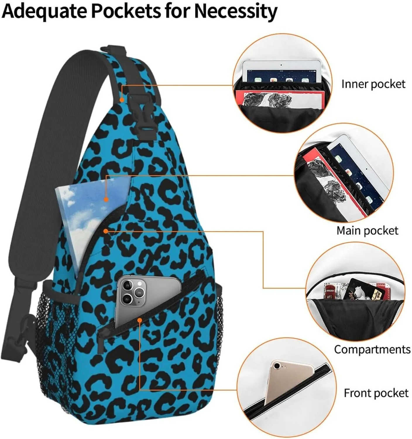 Blue And Black Cheetah Aesthetic Chest Sling Bag Crossbody Shoulder Backpack Bag Gym Cycling Daypack Travel Hiking Cross Bag
