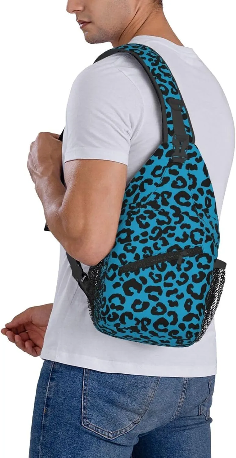 Blue And Black Cheetah Aesthetic Chest Sling Bag Crossbody Shoulder Backpack Bag Gym Cycling Daypack Travel Hiking Cross Bag