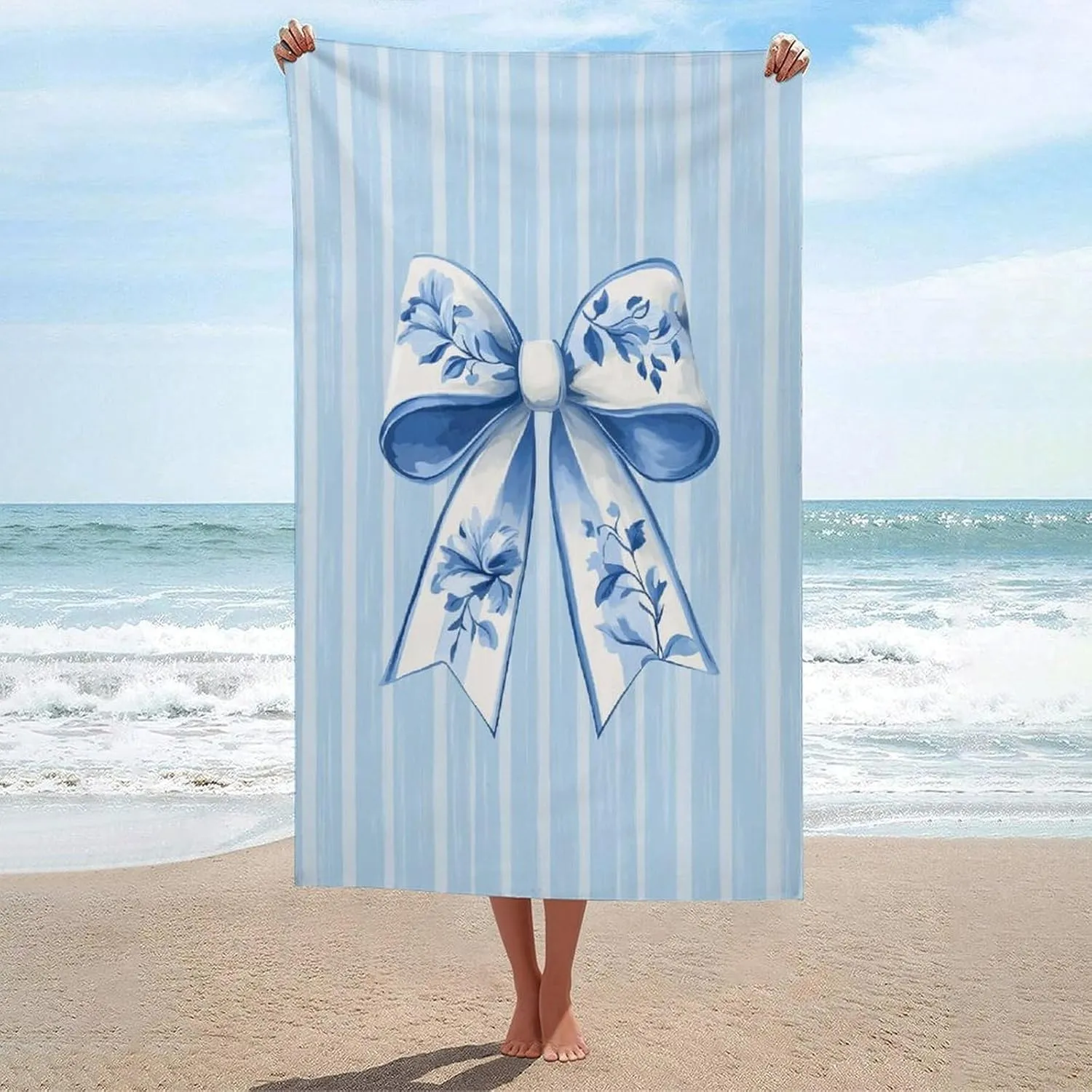 Blue and White Chinoiserie Bow Beach Towel Sand Free Microfiber Large Shower Towels Multipurpose Absorbent for Bathroom Pool 52x32 Inch