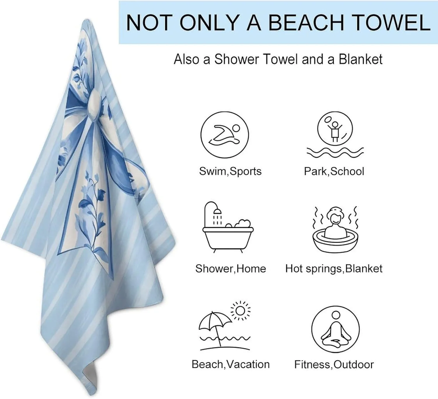 Blue and White Chinoiserie Bow Beach Towel Sand Free Microfiber Large Shower Towels Multipurpose Absorbent for Bathroom Pool 52x32 Inch