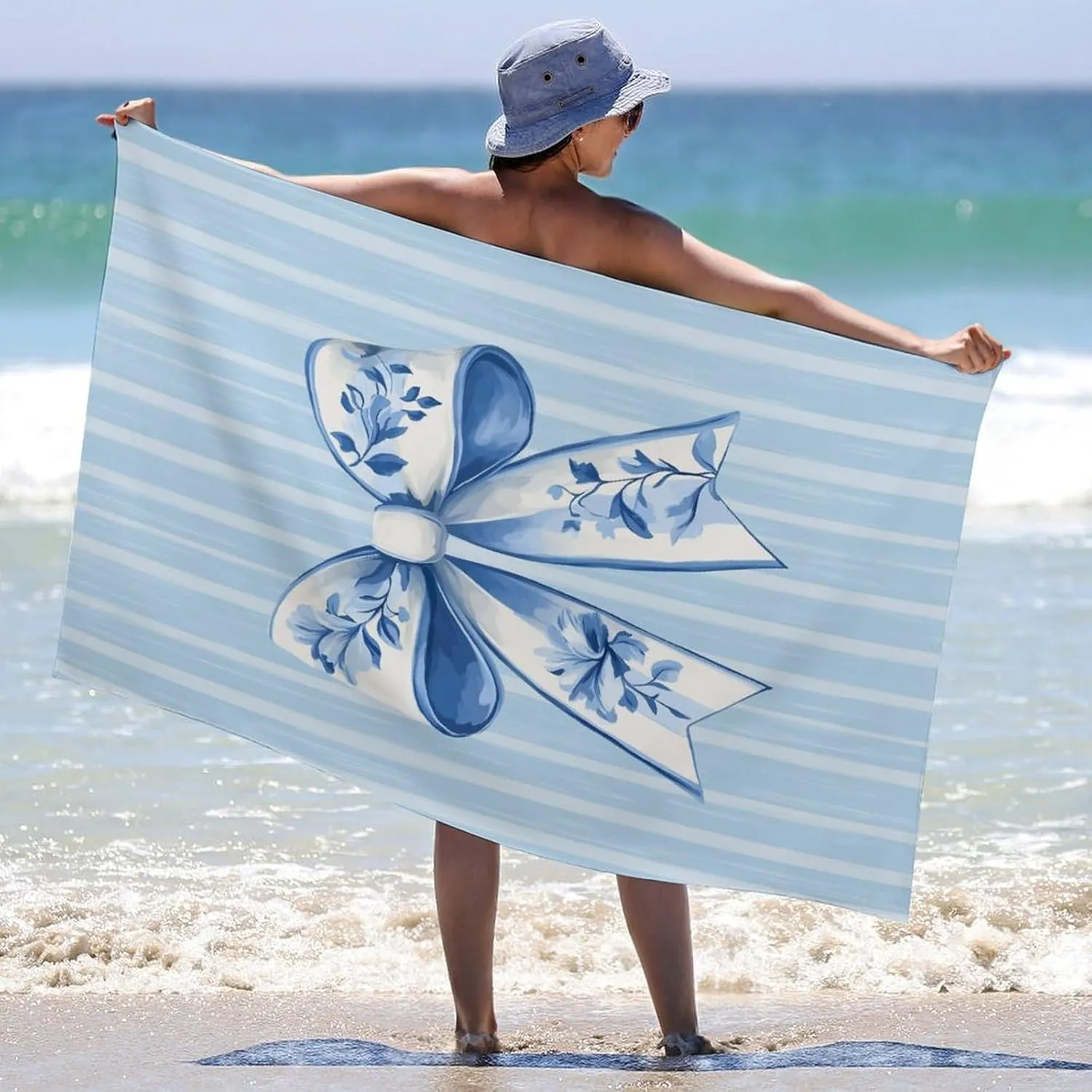 Blue and White Chinoiserie Bow Beach Towel Sand Free Microfiber Large Shower Towels Multipurpose Absorbent for Bathroom Pool 52x32 Inch