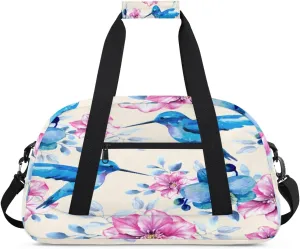 Blue Hummingbird Gym Duffel Bag for Men Women Colorful Flowers Sports Tote Bag with Adjustable Shoulder Strap for Dance Gymnastics Traveling Outdoor Camping Overnight Stay
