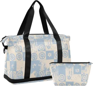 Blue Lattice Flower Imprint Gym Bag Duffle Bag with Wet Pocket&Shoe Compartment Overnight Weekender Travel Bag