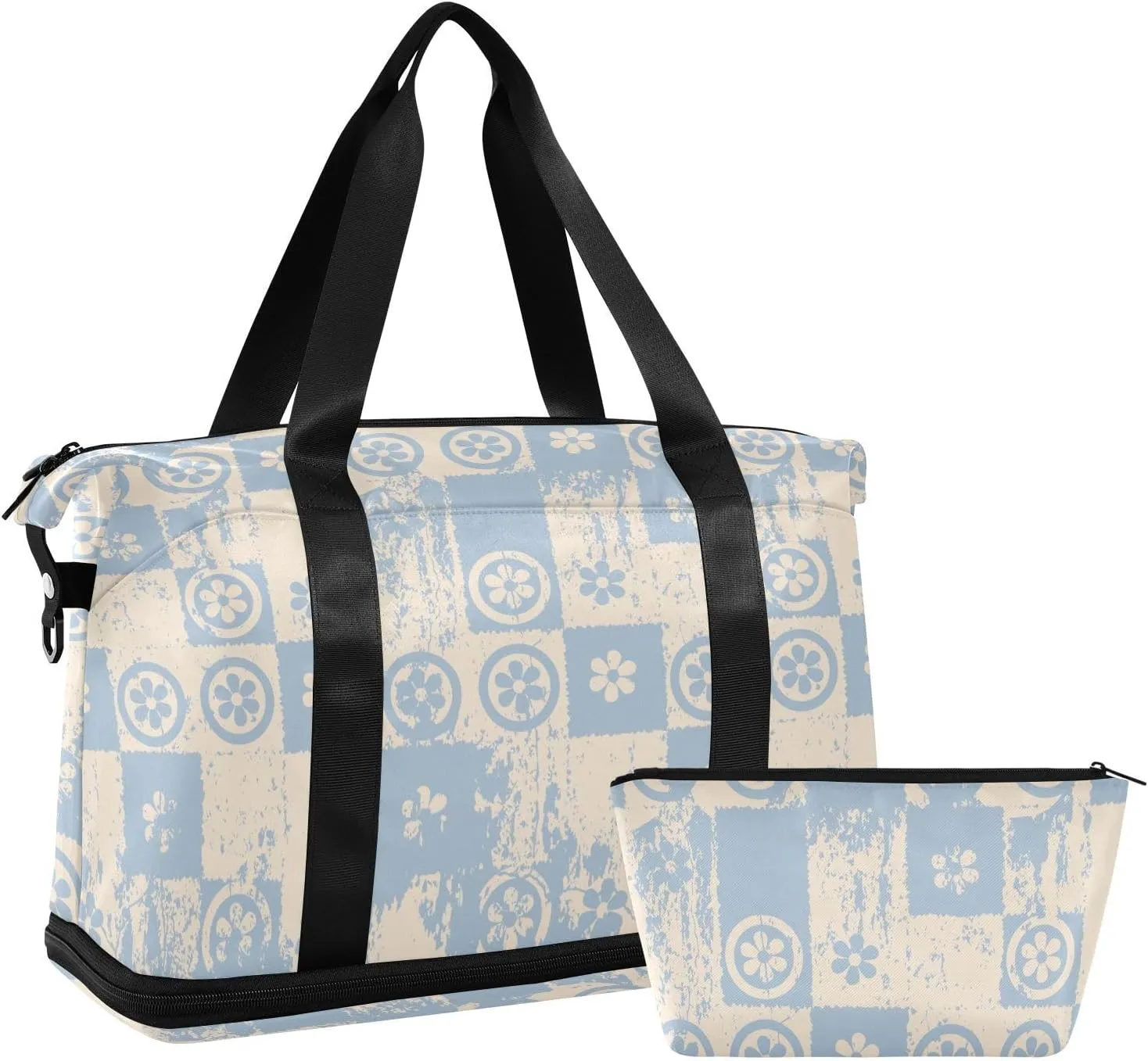 Blue Lattice Flower Imprint Gym Bag Duffle Bag with Wet Pocket&Shoe Compartment Overnight Weekender Travel Bag